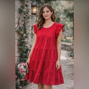 J.Marie Red Lace Tiered Dress – Size S – Boho Romantic Flutter Sleeve